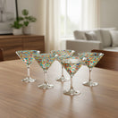 The Talavera Hub Confetti Pebbled Martini Glasses, hand-blown recycled glass with colorful confetti pattern. Set of 6.