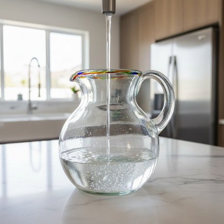 The Talavera Hub clear hand-blown glass pitcher with a confetti rim, perfect for serving drinks.