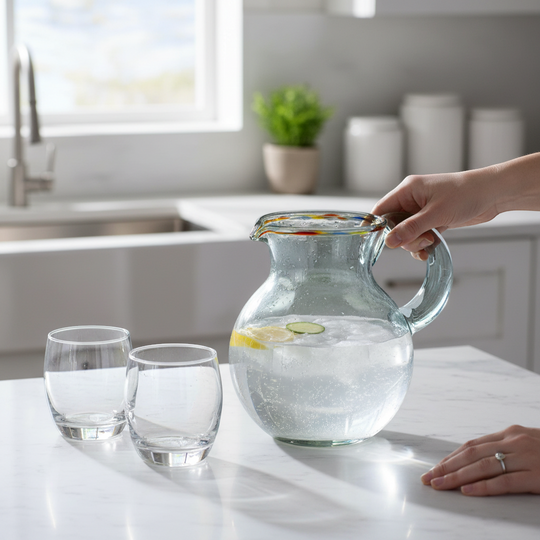 The Talavera Hub clear hand-blown glass pitcher with a confetti rim and handle. Perfect for serving beverages.