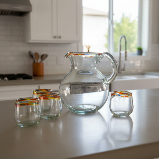 The Talavera Hub clear hand-blown glass pitcher with a confetti rim and matching glasses.