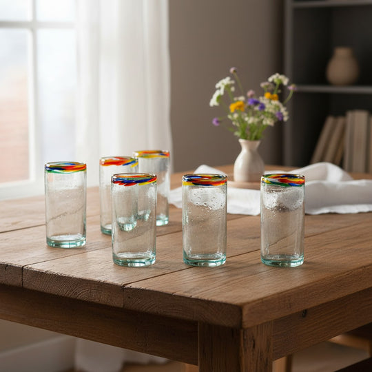 The Talavera Hub hand-blown clear glass tumblers with colorful confetti rims, set of 6.