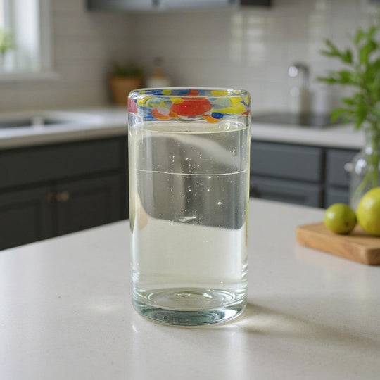 The Talavera Hub hand-blown glass tumbler with a clear body and a colorful confetti rim. Ideal for everyday use or festive occasions.