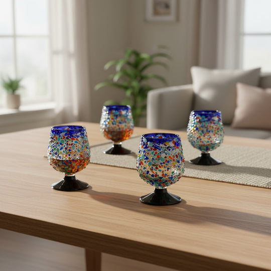 The Talavera Hub confetti rock shot glass with blue rim and pedestal base, made of recycled glass.