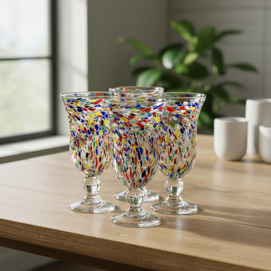 The Talavera Hub hand-blown Mexican sundae glasses with confetti rock design in red, blue, orange, and green speckles.