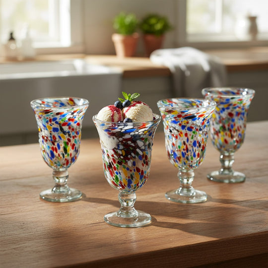 The Talavera Hub hand-blown Mexican sundae glasses with confetti rock design in red, blue, orange, and green speckles.