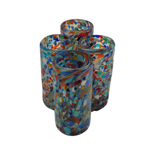 The Talavera Hub hand-blown double shot glasses with colorful confetti pattern, made from lead-free glass.