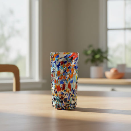The Talavera Hub hand blown double shot glass with colorful confetti pattern embedded in clear glass.