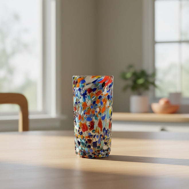 The Talavera Hub hand blown double shot glass with colorful confetti pattern embedded in clear glass.