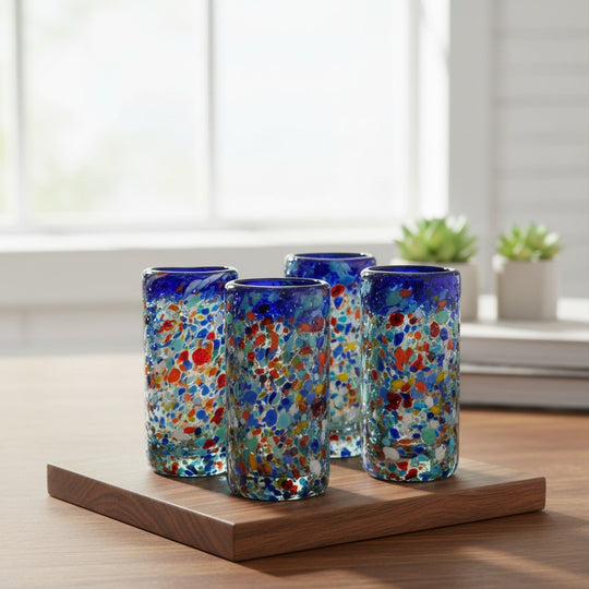 The Talavera Hub hand-blown glass double shot glasses with multicolor confetti and blue rim. Set of 2.