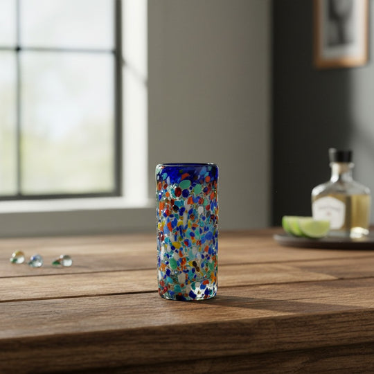 The Talavera Hub hand-blown glass double shot glass with multicolor confetti accents and blue rim.