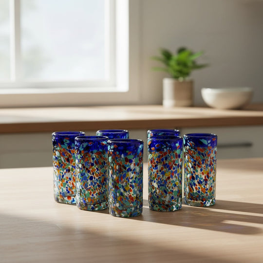 The Talavera Hub hand-blown glass double shot glass with multicolor confetti accents and blue rim.