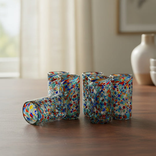 The Talavera Hub hand blown double shot glasses with colorful confetti pattern, made of lead-free glass.