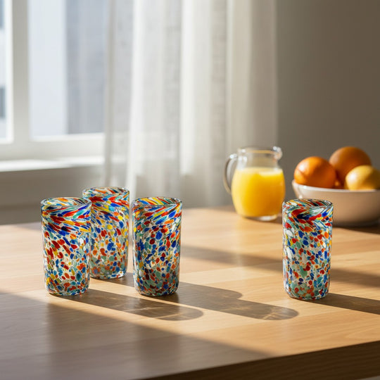 The Talavera Hub hand blown double shot glasses with colorful confetti pattern, made of lead-free glass.