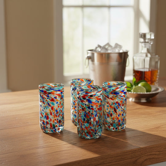 The Talavera Hub hand blown double shot glasses with colorful confetti pattern, made of clear glass.