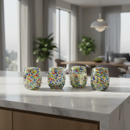 The Talavera Hub hand-blown stemless wine glasses with colorful confetti pattern and pebbled texture. Each 12oz glass is unique.