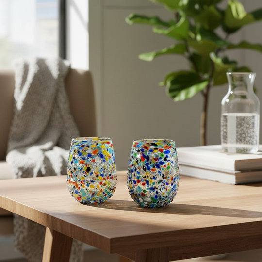 The Talavera Hub hand-blown stemless wine glass with colorful confetti pattern and pebbled texture. Holds 12 oz.