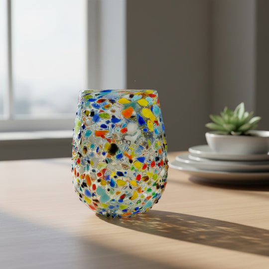 The Talavera Hub hand-blown stemless wine glass with colorful confetti pattern and pebbled texture, 12 oz capacity.