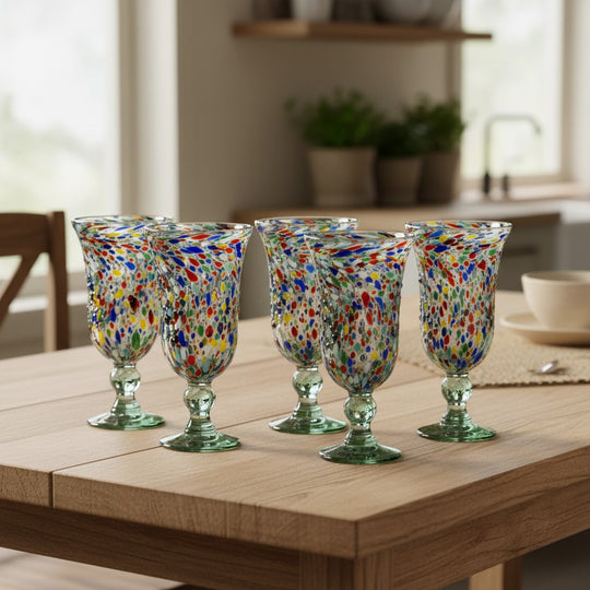 The Talavera Hub hand-blown Mexican sundae glasses with confetti rock design in red, blue, orange, and green speckles. Flared rim, pedestal base, recycled glass.
