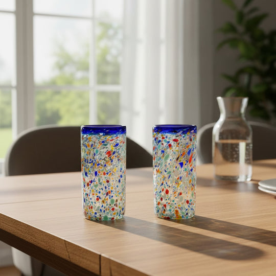 The Talavera Hub hand-blown glass tumbler with confetti pattern and cobalt blue rim. Clear glass with colorful chips and pebbled texture.