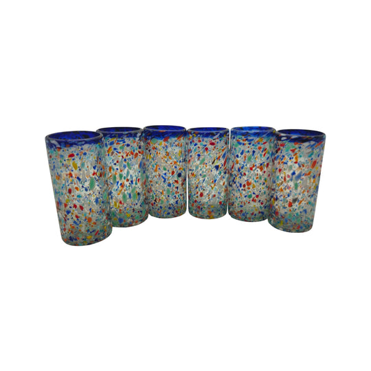 The Talavera Hub hand-blown glass tumblers with confetti pattern and cobalt blue rim. Set of 6.