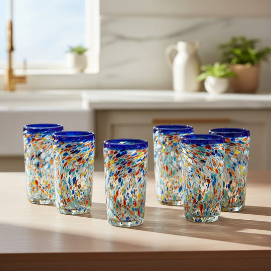 The Talavera Hub hand-blown glass tumblers with confetti pattern and cobalt blue rim. Set of 4.