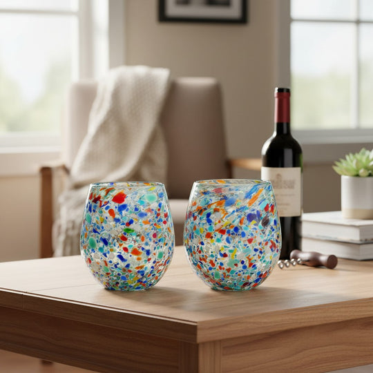 The Talavera Hub XL stemless wine glasses with colorful confetti rock design, made of lead-free glass.