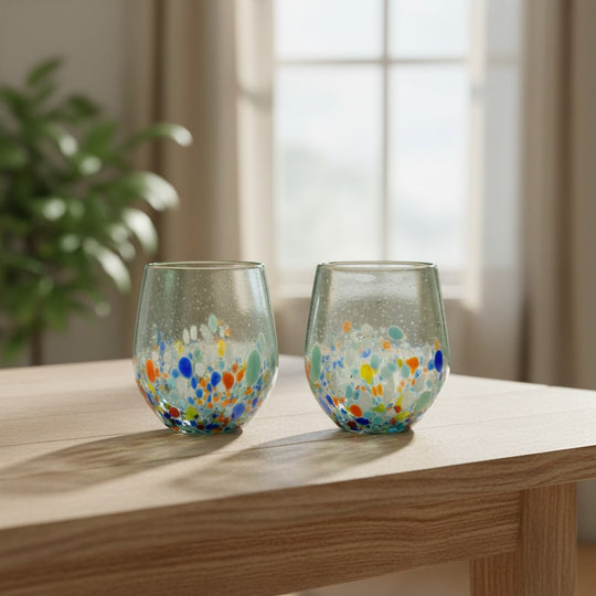 The Talavera Hub Hand-Blown Mexican Stemless Wine Glass with colorful confetti pattern and clear upper half.