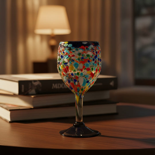 The Talavera Hub hand blown wine glass with blue rim and colorful confetti pattern. Made of lead-free glass.