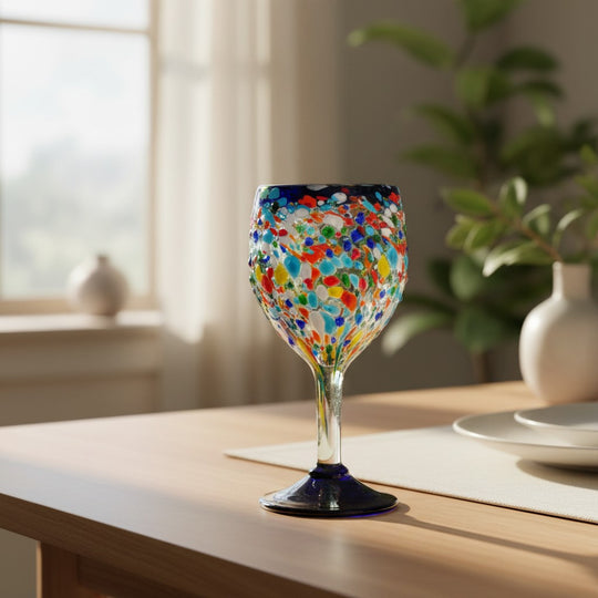 The Talavera Hub hand blown Mexican wine glass with blue rim and colorful confetti design. Lead-free glass.