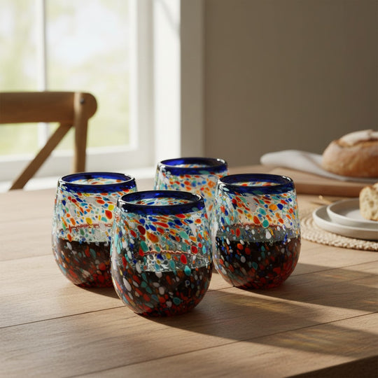 The Talavera Hub hand-blown stemless wine glass with blue rim and colorful confetti recycled glass texture. Holds 12 oz.
