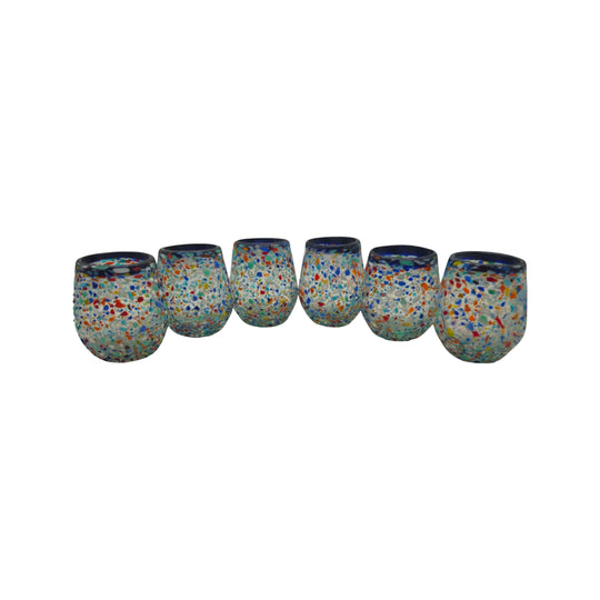 The Talavera Hub hand-blown stemless wine glass with blue rim and colorful confetti recycled glass texture. Holds 12 oz.