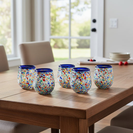The Talavera Hub hand-blown stemless wine glass with blue rim and colorful confetti pattern, 12 oz capacity