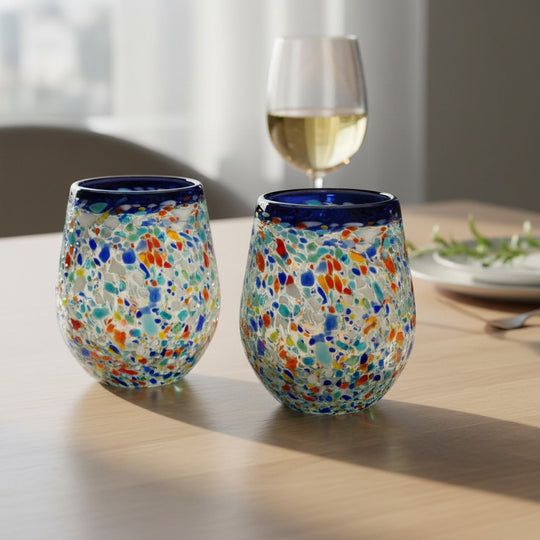 The Talavera Hub hand-blown stemless wine glass with blue rim and colorful confetti recycled glass texture. Holds 12 oz.