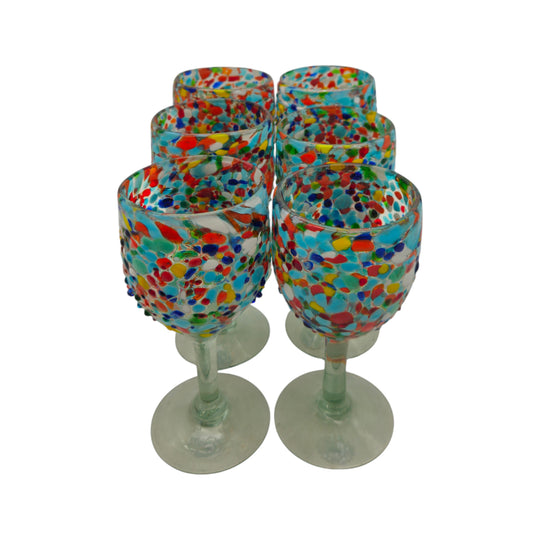 The Talavera Hub hand-blown glass wine glass with multicolor confetti design. Holds 12 oz.