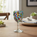 The Talavera Hub hand-blown wine glass with multicolor confetti design, 12 oz capacity, 7.75" tall.
