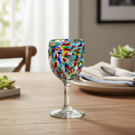 The Talavera Hub hand-blown wine glass with multicolor confetti design, 12 oz capacity, 7.75" tall.