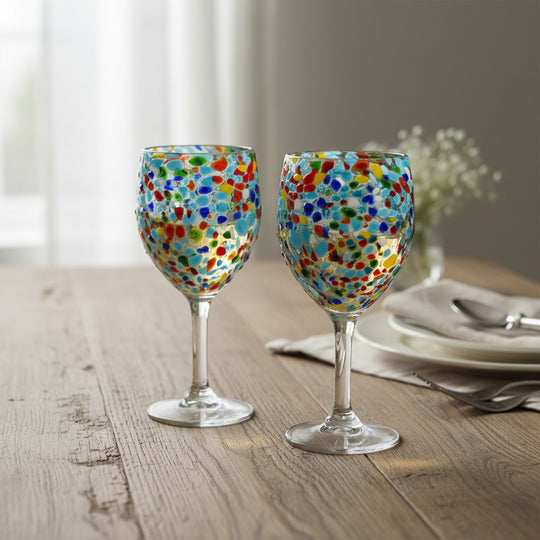 The Talavera Hub hand-blown wine glasses with multicolor confetti design, 12 oz capacity, 7.75" tall.