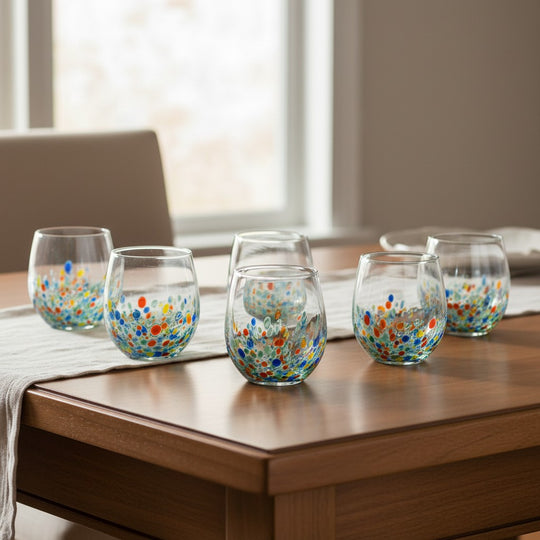 The Talavera Hub hand-blown Mexican stemless wine glasses with confetti design. Set of 6, 12oz capacity.