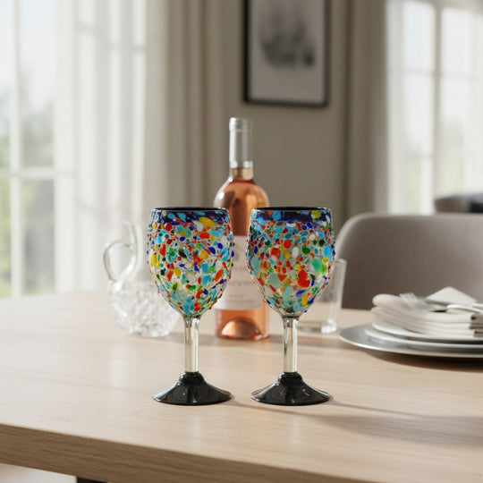 The Talavera Hub hand blown Mexican wine glasses with blue rim and colorful confetti design. Lead-free glass.