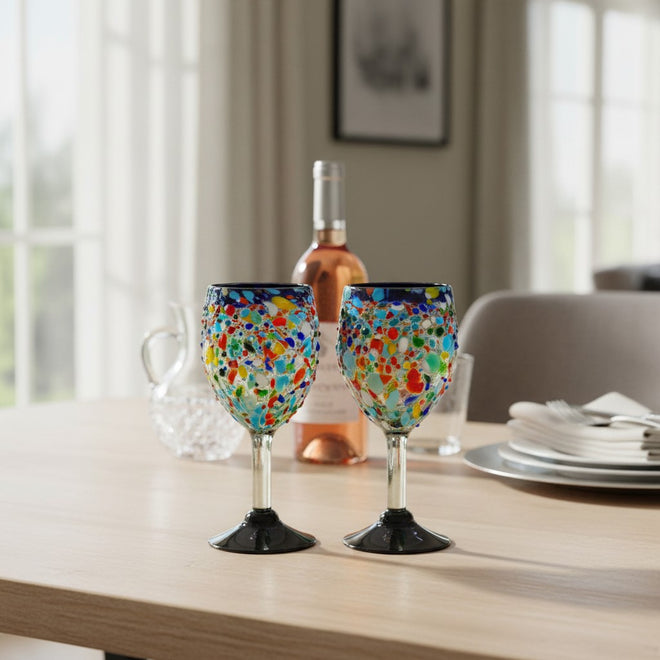 Hand-Blown Mexican Wine Glasses Blue Rim Confetti
