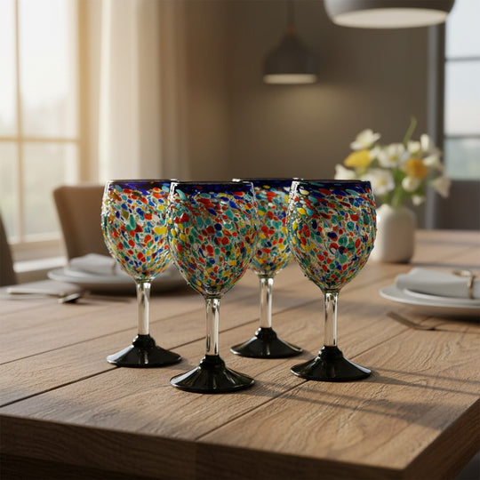 The Talavera Hub hand blown Mexican wine glasses with blue rim and colorful confetti design. Lead-free glass.