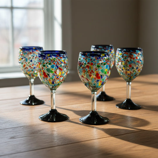 The Talavera Hub hand blown Mexican wine glasses with blue rim and colorful confetti design. Lead-free glass, 12 oz capacity.