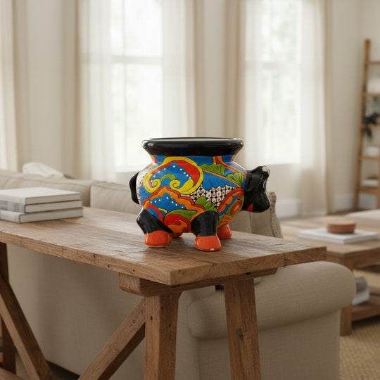 The Talavera Hub handcrafted ceramic cow planter, hand-painted with vibrant blue, orange, yellow, and green floral patterns. Features black legs and rim.