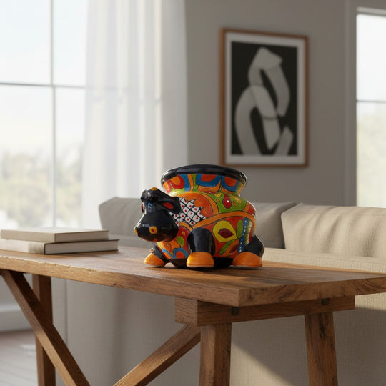 The Talavera Hub handcrafted ceramic cow planter, hand-painted with vibrant floral and geometric patterns in orange, blue, yellow, and green.