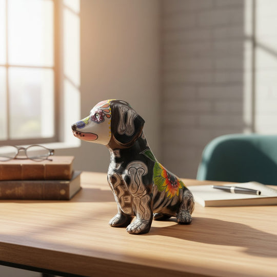 The Talavera Hub black ceramic dachshund figurine with Day of the Dead floral and skeletal motifs.