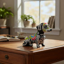 The Talavera Hub hand-painted ceramic dachshund figurine with Day of the Dead motifs, floral accents, and skeletal details on a glossy black base.