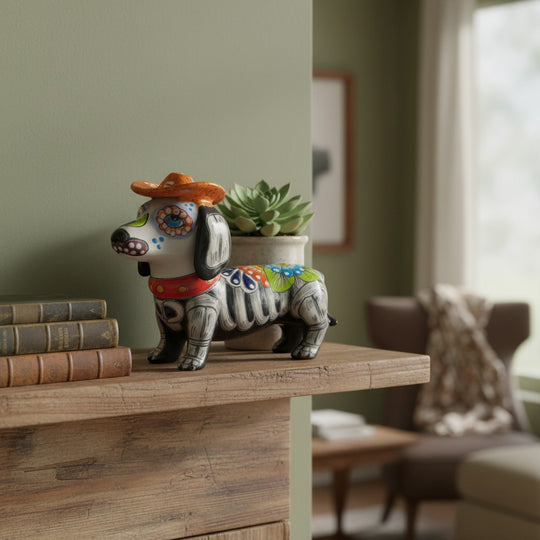 The Talavera Hub colorful ceramic dachshund figurine with a cowboy hat, red collar, and floral patterns. Mexican folk art.