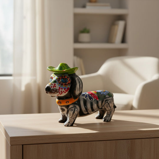 The Talavera Hub colorful ceramic dachshund figurine with a green sombrero and floral patterns, inspired by Mexican folk art.