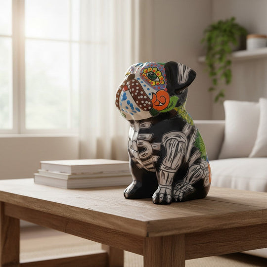 The Talavera Hub Day of the Dead bulldog figurine, hand-painted ceramic with vibrant floral and skeletal designs.