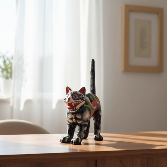 The Talavera Hub handmade ceramic cat statue, arched pose, vibrant Day of the Dead folk art style with floral and skull motifs.